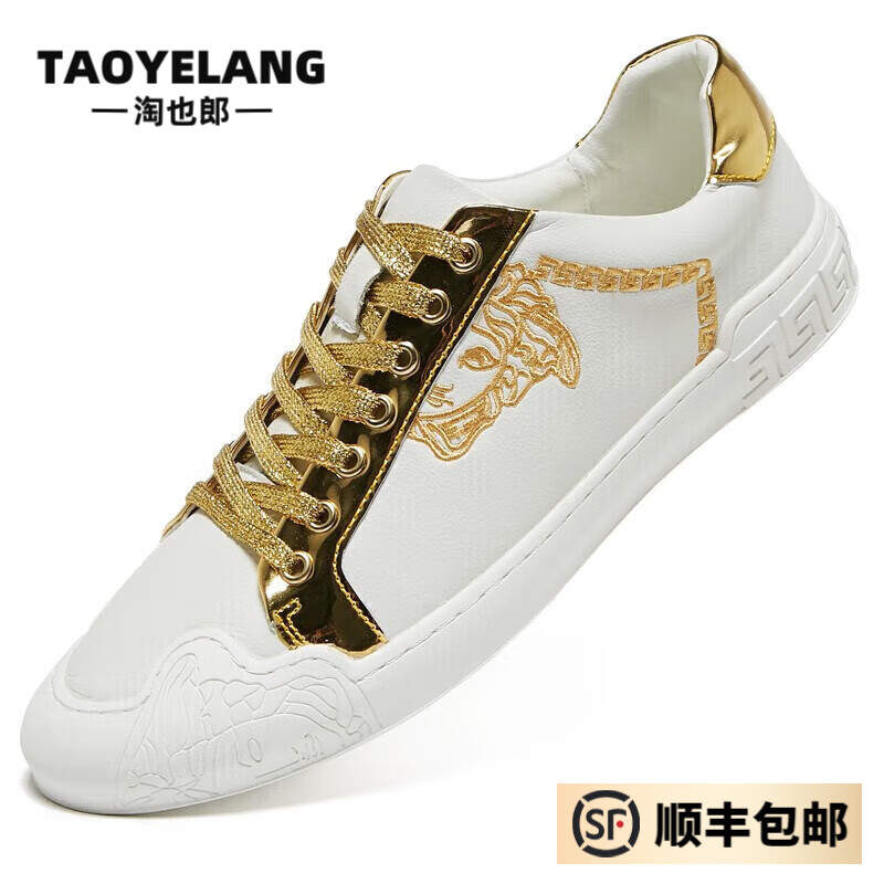 淘也郎美杜莎男鞋2024新款流行时尚牛皮休闲板鞋男欧洲站潮牌印花小白