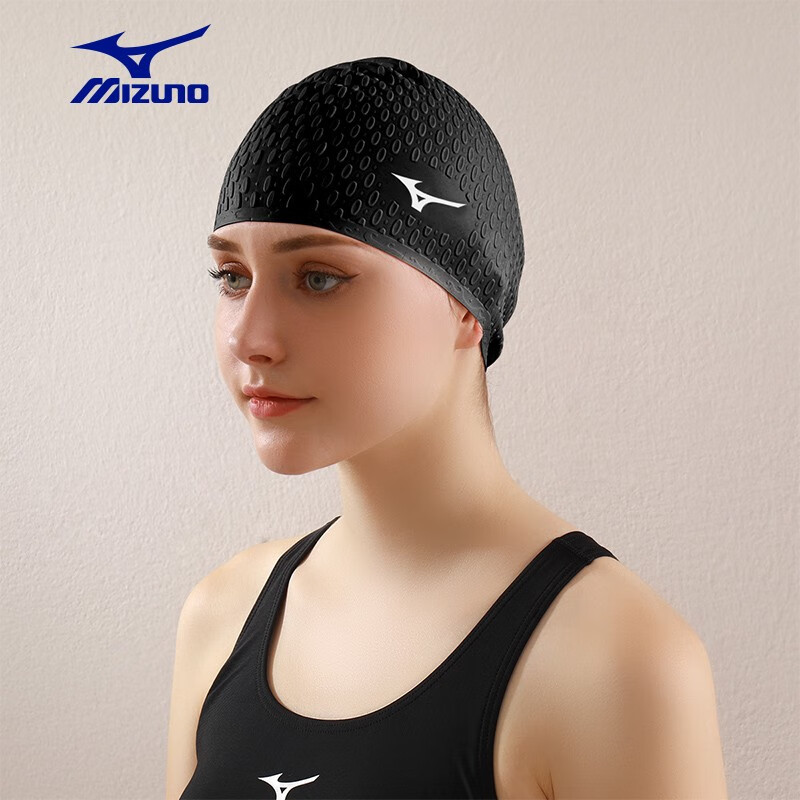 美津浓(MIZUNO)泳帽男女长发护耳防水硅胶游泳水滴帽加大不勒头防滑泡泡帽 黑色
