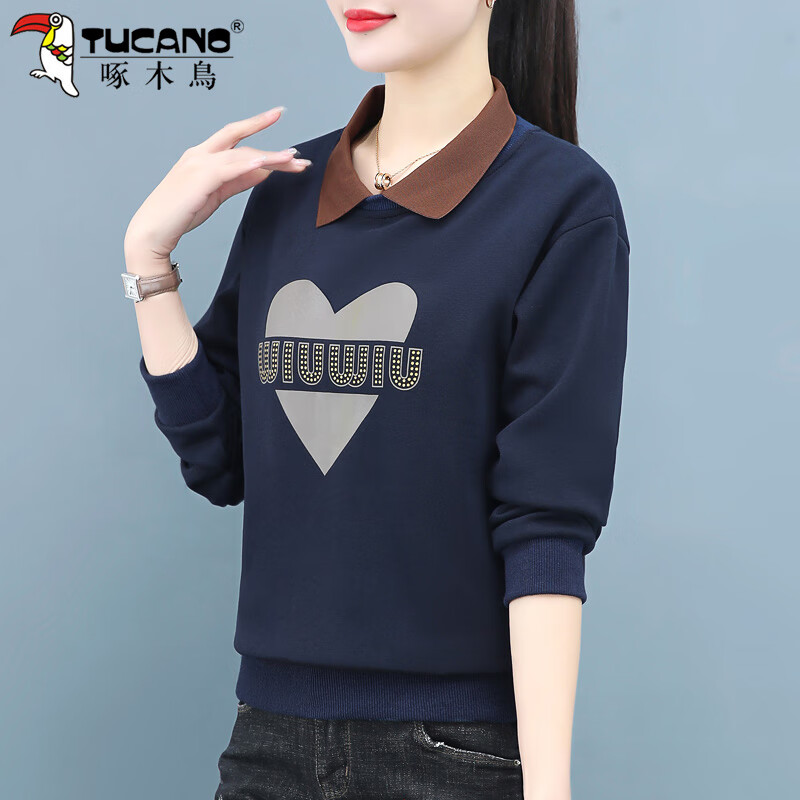 啄木鸟翻领女士卫衣女春秋款2024新款春季气质减龄polo领上衣 宝蓝 xl