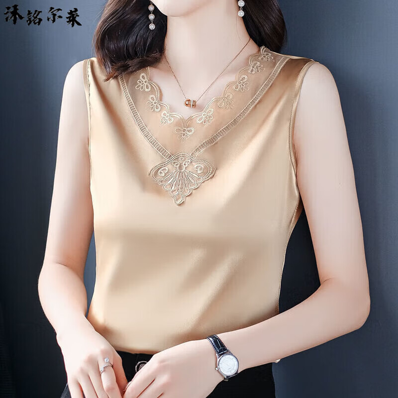 寬帶背心女秋冬吊帶背心女夏外穿無袖打底衫內(nèi)搭蕾絲寬松遮肚子洋氣小衫上衣 香檳色 M_85-100斤