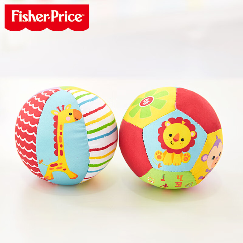 费雪（Fisher-Price） 动物认知球 宝宝手抓球玩具球摇铃球 4寸婴儿玩具布球 2款合装