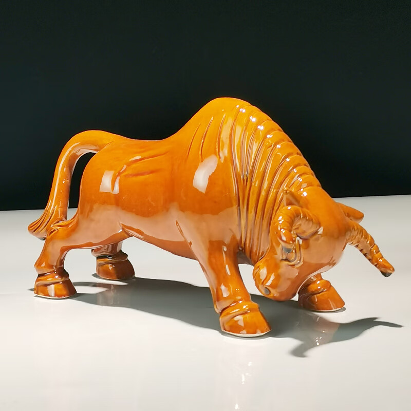琼玛莎唐三彩陶瓷牛橙色褐色生肖摆件办公室家居装饰陶瓷狮子乔迁礼品