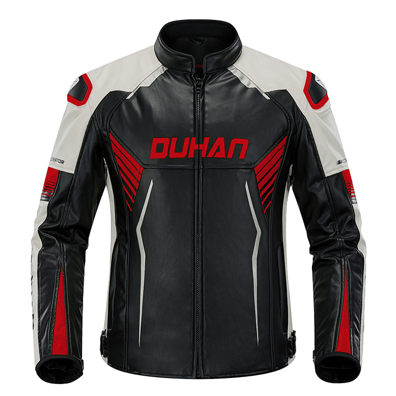 杜漢（DUHAN）摩托車騎行服皮衣男女情侶機(jī)車夾克四季防風(fēng)防摔賽車服夏季騎士服 黑紅白四季皮衣（男） L