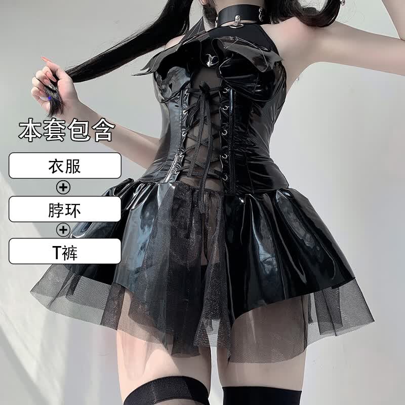 思鸾二次元辣妹小恶魔亮面绑带透短裙套装魅魔万圣节cos女装主播性感