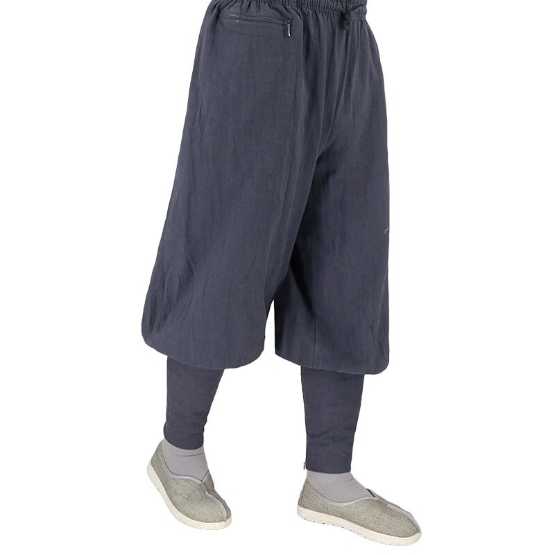 僧裤男春秋冬季僧裤免绑腿女亚麻加厚棉裤出家和尚短褂裤子 深灰色