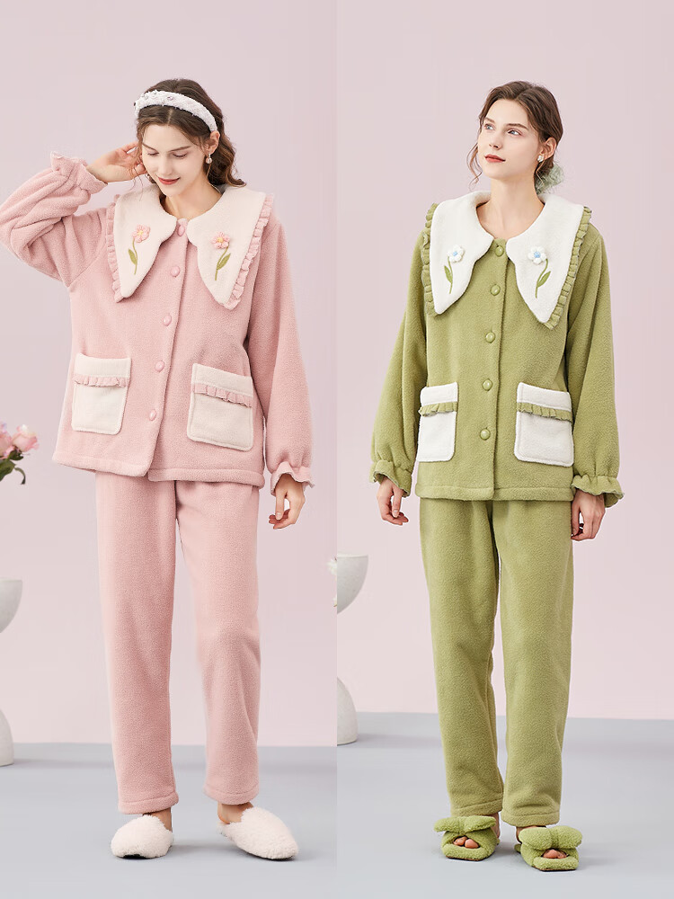 玛伦萨(manza)抗静电羊羔绒珊瑚绒保暖睡衣女冬季加绒加厚家居服套装 暖粉 XL