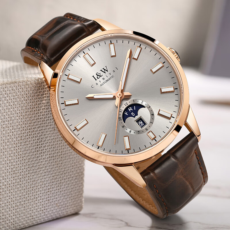 爱沃驰手表男士瑞士品牌夜光机械表进口机芯全自动男士品牌手表十大名表 升级版-玫灰皮带【进口机芯】免费刻字