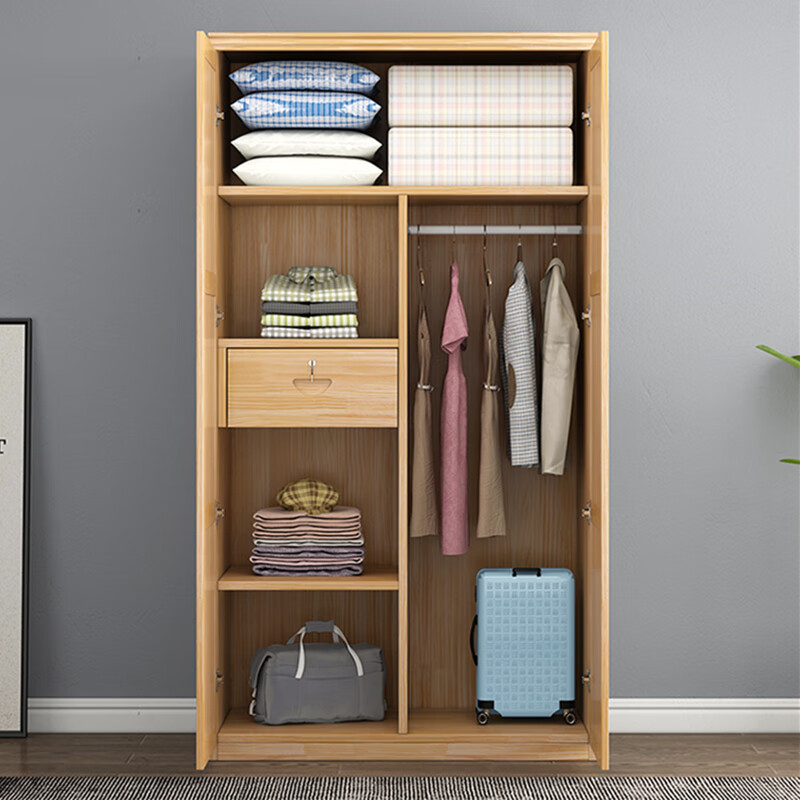 子女居老式三门衣柜中式实木衣柜两三门对开简约松木衣橱带抽屉经济