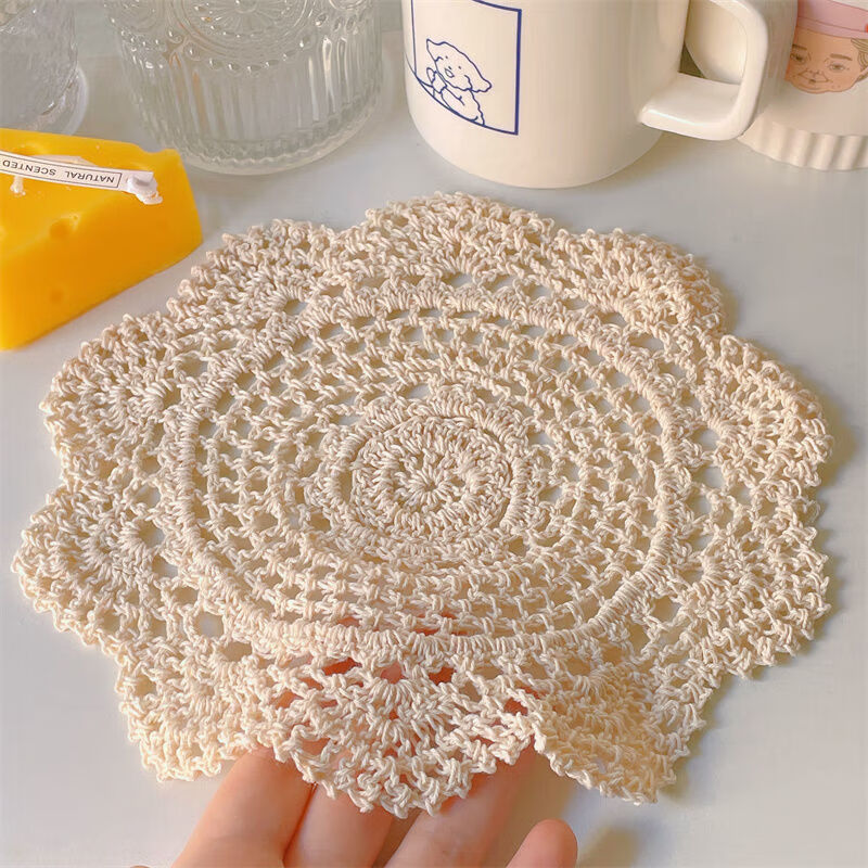 oak bayins风钩花蕾丝杯垫防烫隔热垫子手工编织圆形简约茶杯垫 米色