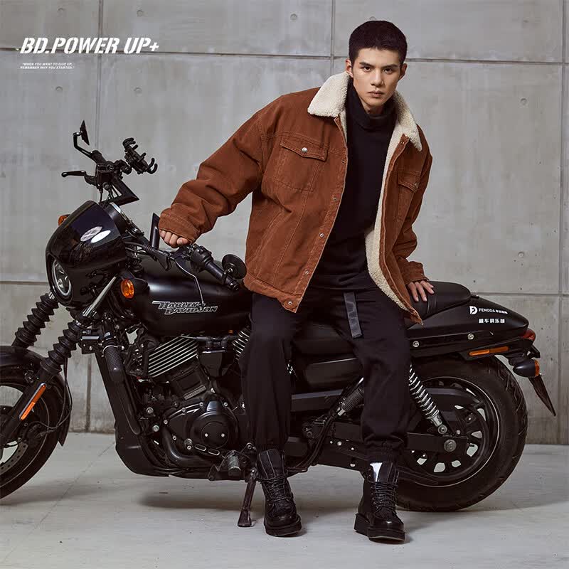 BD.POWER UP+秋冬黑色运动夹克巴恩风外套男加厚保暖羊羔绒外套男宽松翻领上衣 黑色 选择更多 XL 170-190斤 BD.POWER UP+秋冬黑色运动夹克巴恩风外套男加厚保暖羊羔绒外套男宽松翻领上衣 黑色 选择更多 XL 170-190斤
