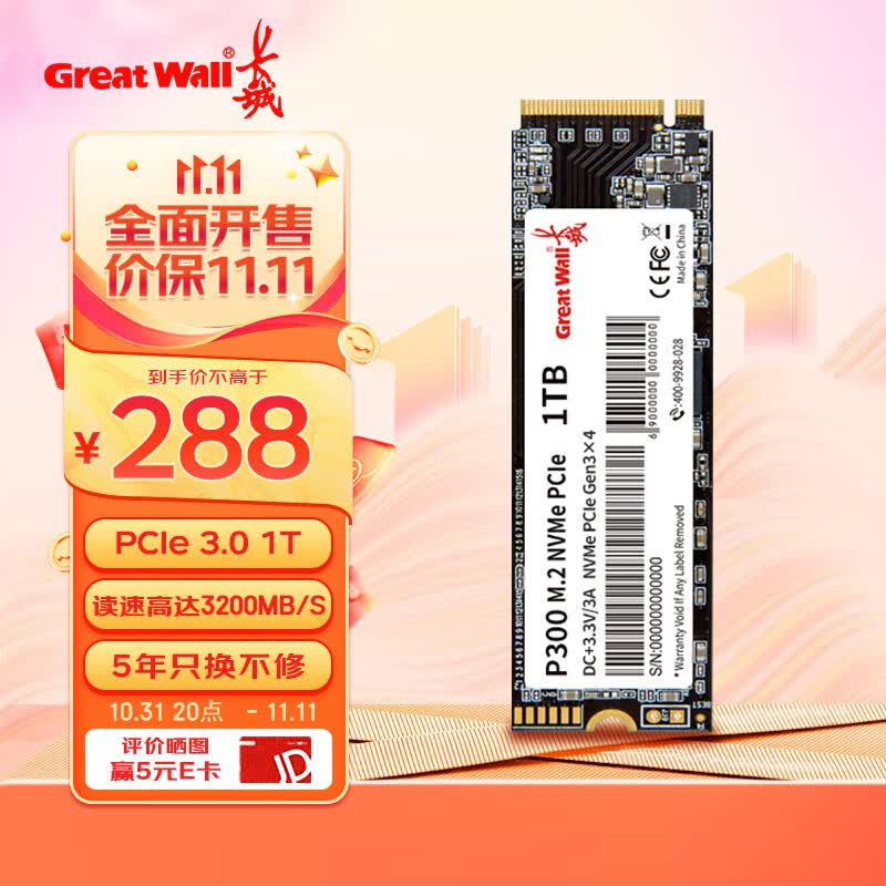 长城 (Great Wall) 1TB SSD固态硬盘 M.2接口(NVMe协议 PCle 3.0) P300系列 最高可达3200MB/s怎么样,好用不?