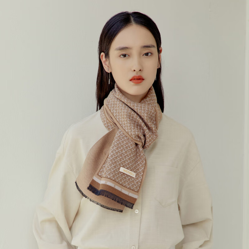 萬事利冬季新款絲巾百搭保暖桑蠶絲真絲圍巾披肩圍脖世界 真絲絨圍巾-世界卡其