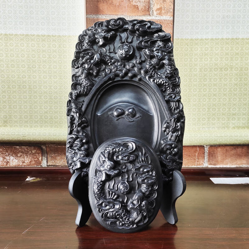 送墨条火锅砚台带盖大号墨盒文房四宝墨盒毛笔书法墨砚台 长.九龙戏珠