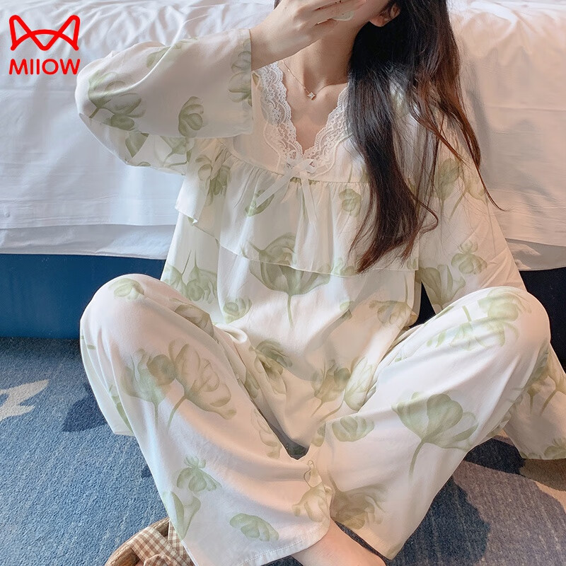 貓人睡衣女春秋新款長袖大碼公主風防凸點綿綢家居服夏天棉綢 白底荷葉 HDF516 L