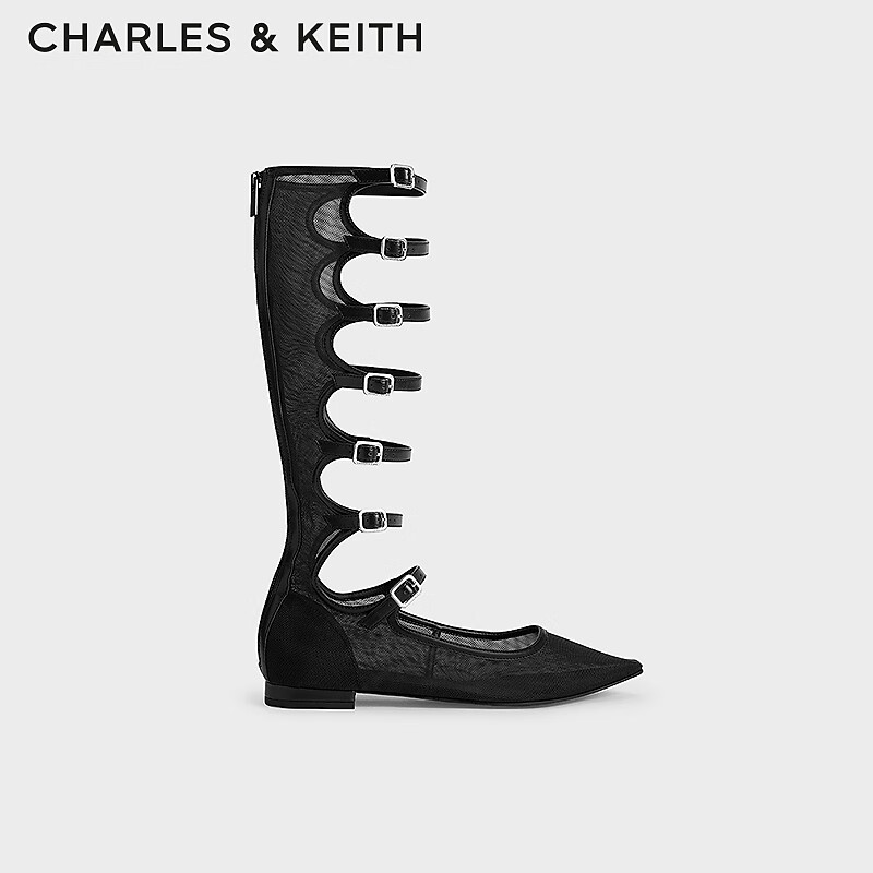CHARLES&KEITH24夏新品尖头网纱平底罗马长筒凉靴女CK1-71790005 BLACK TEXTURED黑色纹理 36