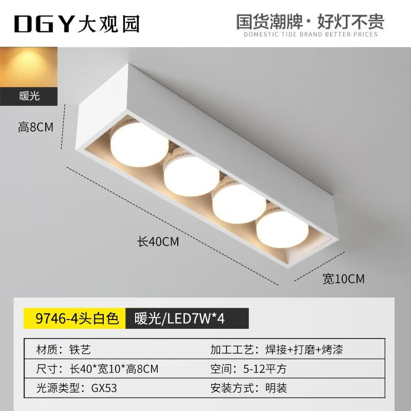 大觀園（DGY）斗膽燈明裝無主燈客廳照明過道燈led射燈斗膽燈臥室吸頂燈 四頭-白色 暖光(溫馨浪漫)