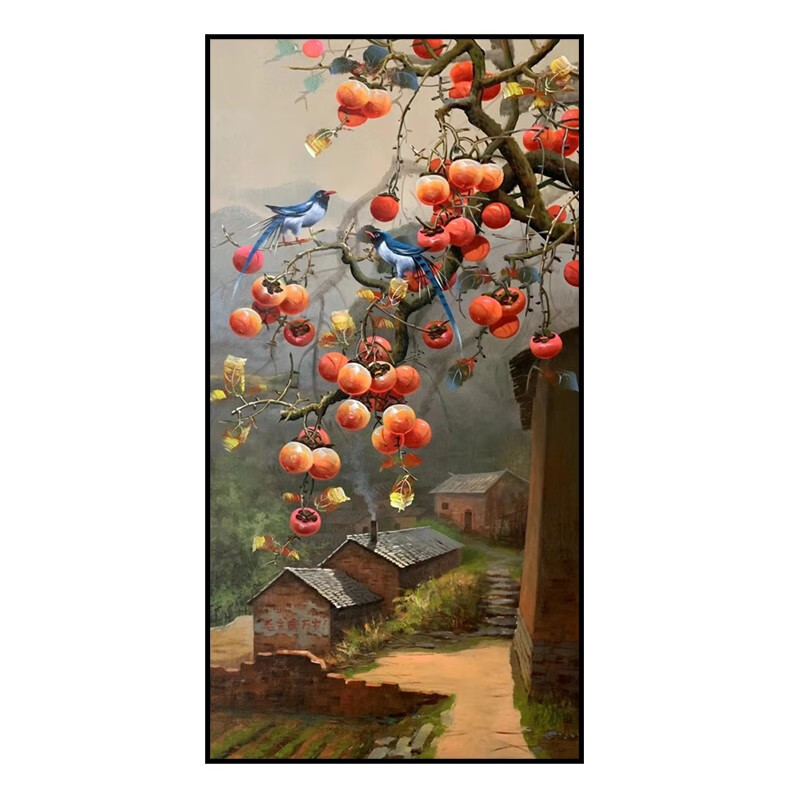 艺幻纯手绘柿柿如意入户玄关柿子油画新中式客厅餐厅过道装饰画挂壁画