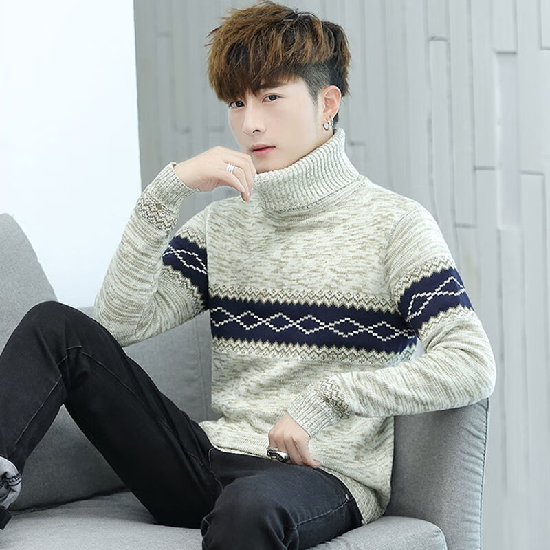 禾纾大朗毛织男秋冬季韩版高领毛衣士新款加绒加厚保暖打底针织衫潮流