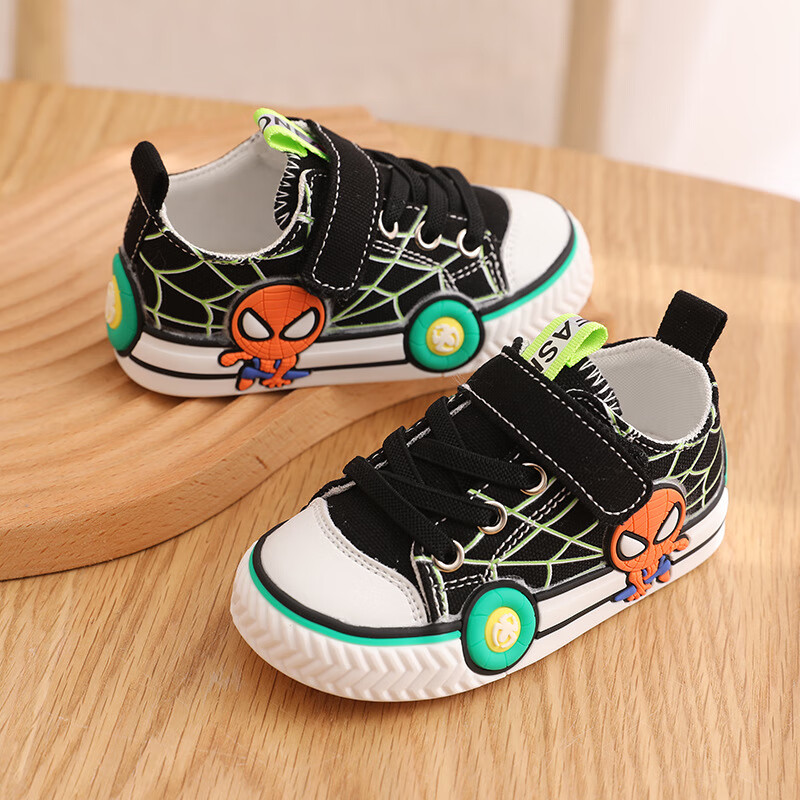 儿童软底帆布鞋男童板鞋卡通牛筋鞋底小童布鞋 黑色 22码内长13厘米