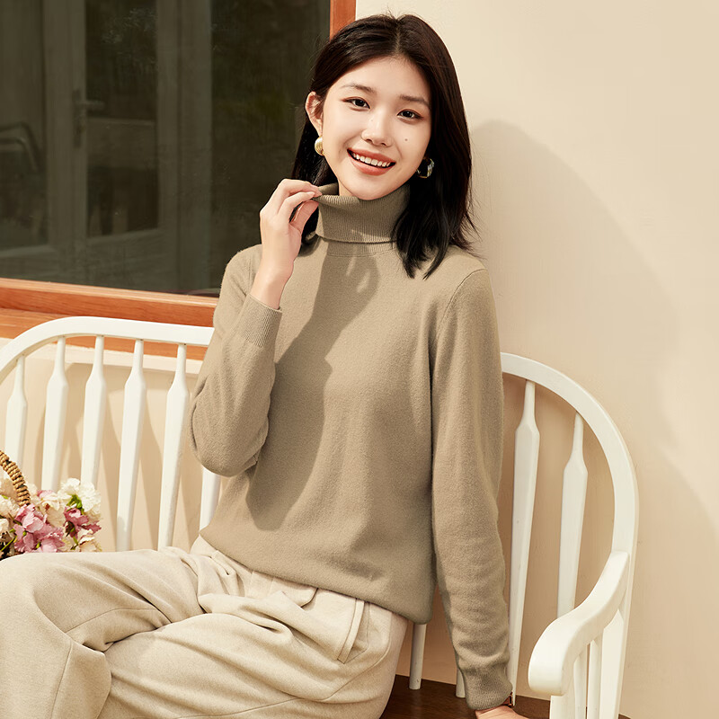恒源祥高领羊毛衫女秋冬季新款两翻领套头纯色毛衣内搭打底衫针织衫女 香槟驼 M /165/88A