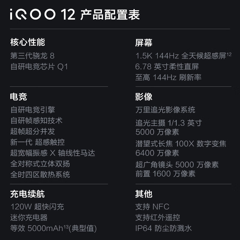 vivo iQOO 12 第三代骁龙8 自研电竞芯片Q1 144Hz 1.5K超感屏 120W闪充 电竞游戏旗舰 5G直屏手机 传奇版 12GB+512GB