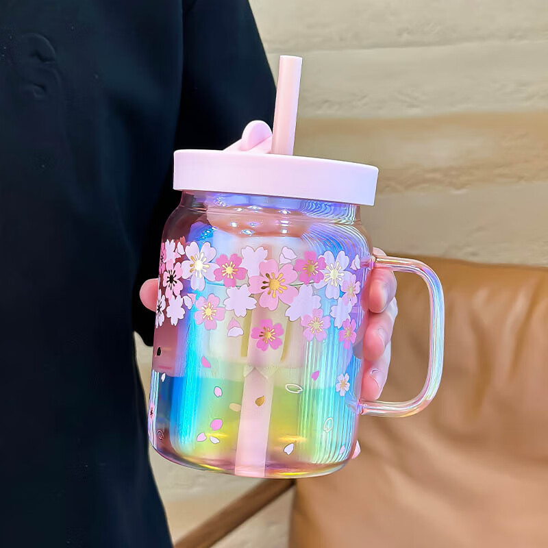 流彗乐在美玻璃杯樱花杯乐在美樱花杯玻璃吸管杯大容量刻度杯乐在美玻