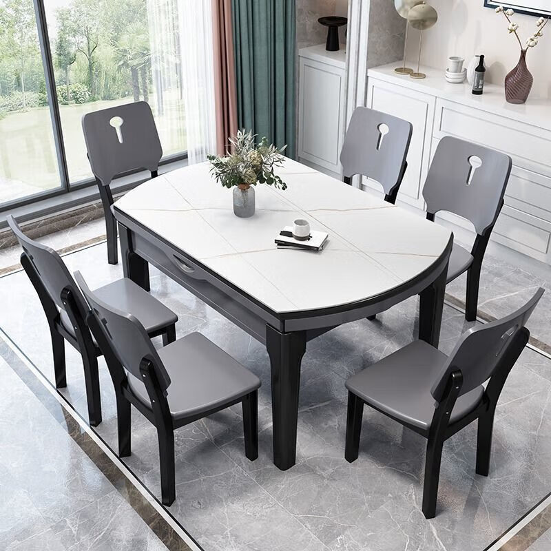 奢概念2025新款岩板餐桌椅组合6-10人方圆两用可伸缩折叠家用吃饭餐桌子 雪山白 12m  一桌4椅