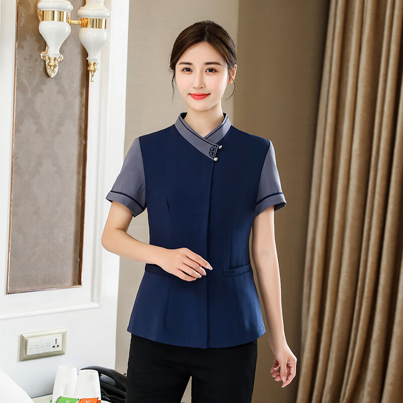 艾方鳥(niǎo)酒店物業(yè)保潔員工作服夏季短袖客房清潔醫(yī)院阿姨小區(qū)家政工裝 女短袖 藏青色上衣 5XL