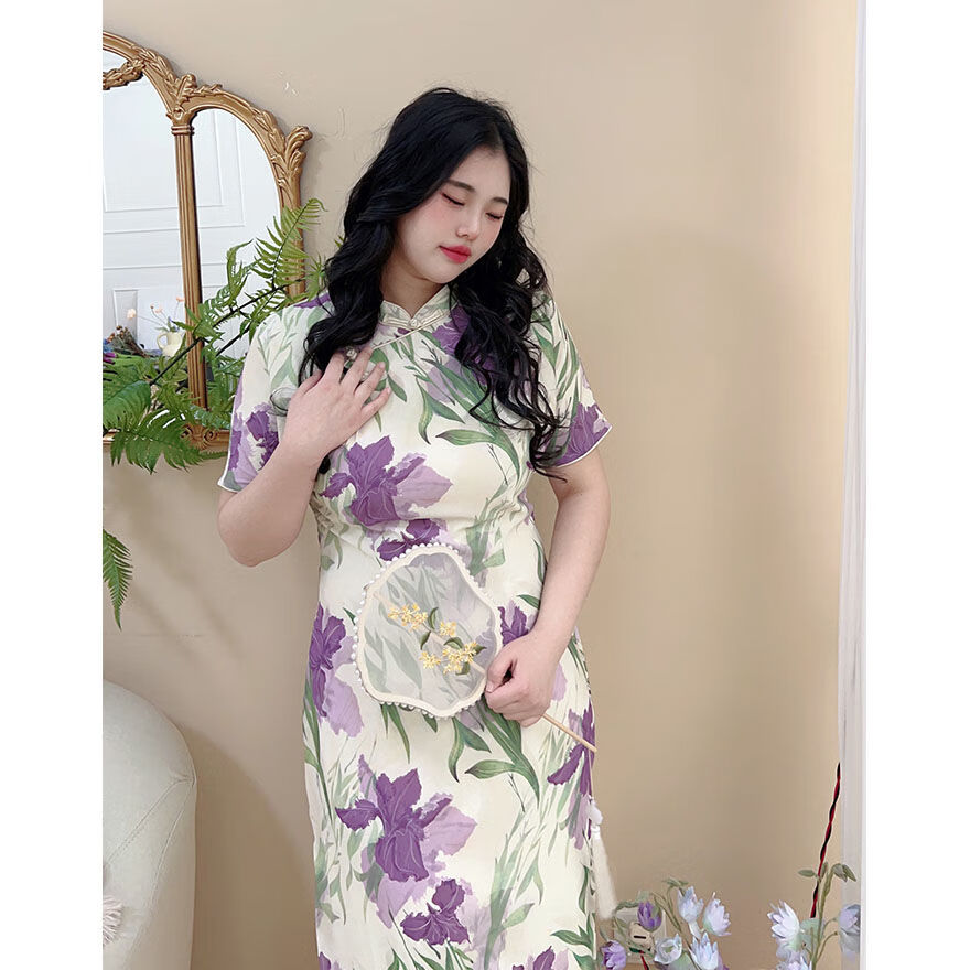 奔瑜胖妹妹开叉旗袍裙大码遮肉不显肚子胖mm民国风高端优雅气质显瘦夏