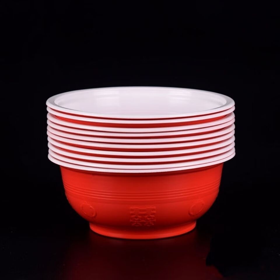 豫卫康一次性红碗红色喜庆结婚酒席家用吃饭塑料餐具硬型加厚圆形塑胶碗 375型号红白喜字碗 20个送筷子