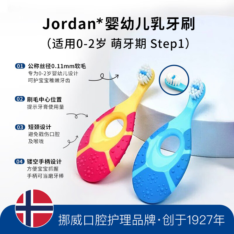 Jordan婴儿牙刷幼儿童牙刷宝宝软毛0-1-2-3岁以下咬胶2支装颜色随机