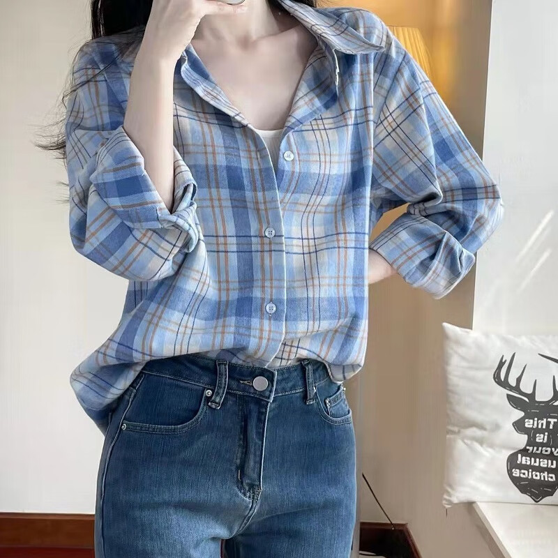 柒十念格子长袖衬衫春秋女装上衣新款简约宽松小众衬衣外穿 蓝色 m