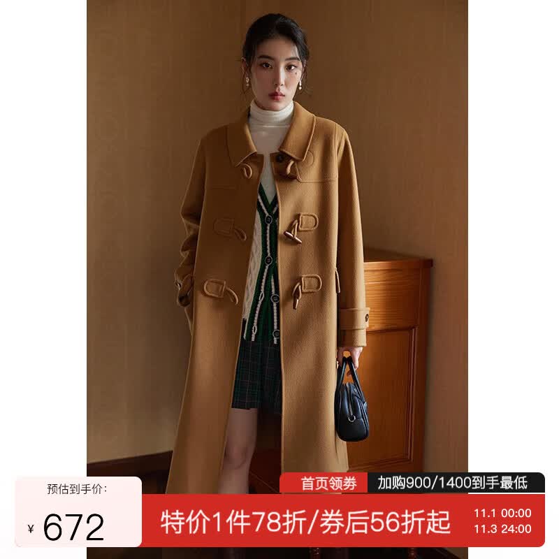 独束大码女装学院风牛角扣双面呢大衣女冬季新款微胖mm中长款外套22DS4189 驼色 L使用感如何?