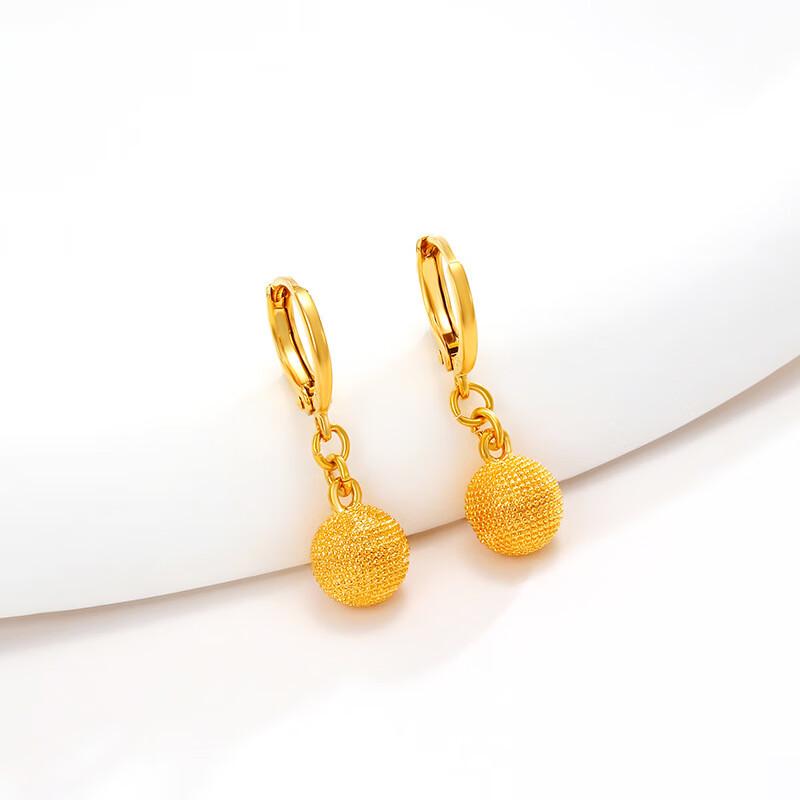 丹芙妮24ik金耳环9999足金耳钉耳坠新款金磨砂圆珠豆豆18k金送礼 圆珠