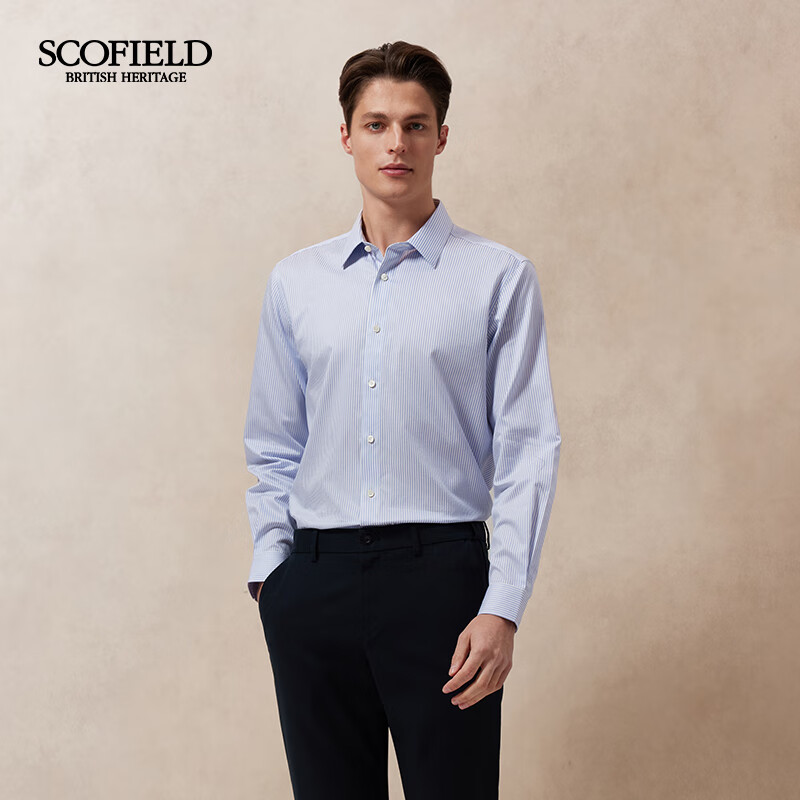 Scofield【免烫】男装25年春季新款简约时尚通勤条纹长袖衬衫 蓝色 L (175)