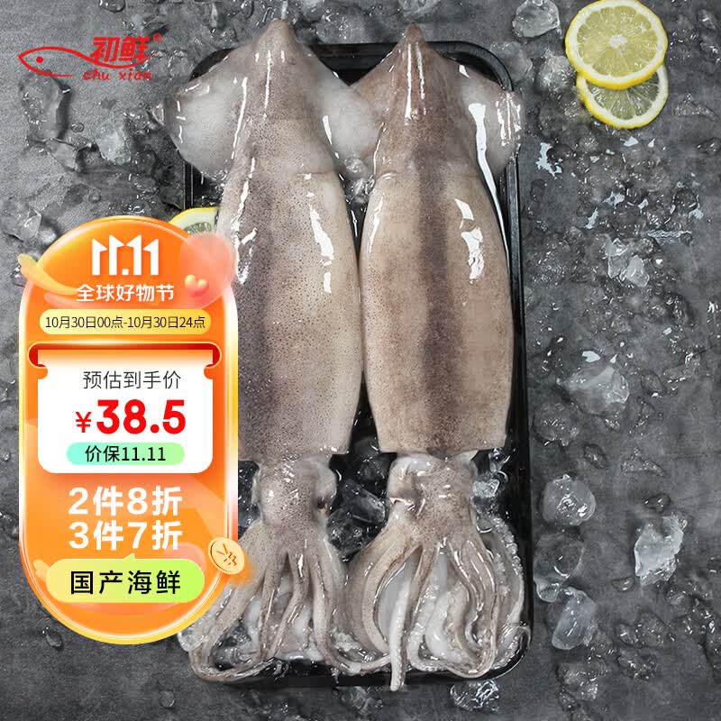 初鲜鲜冻大鱿鱼(2条)净重600-650g 铁板鱿鱼 烧烤食材 国产海鲜属于什么档次？