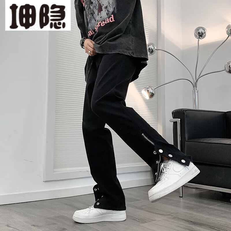 辉客映上配高帮鞋男腿粗显瘦九分工装裤ins高街潮牌复古排扣牛仔裤男