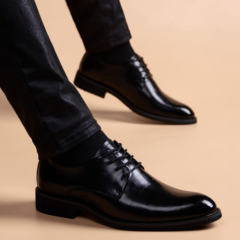 正装冬季透气青年英伦软底新郎结婚西装皮鞋休闲 黑色【帅哥四季款】