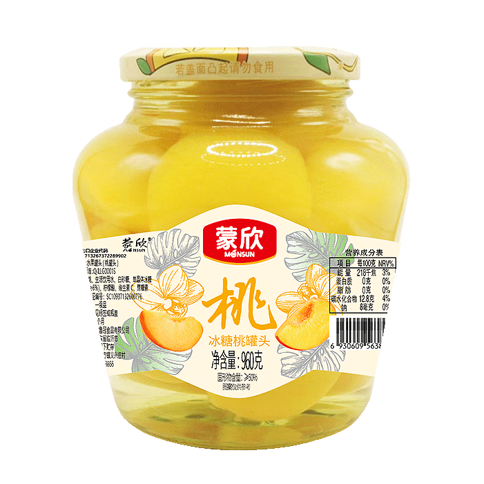 蒙欣 冰糖黄桃罐头960g 即食玻璃瓶装 水果罐头 新鲜黄桃糖水