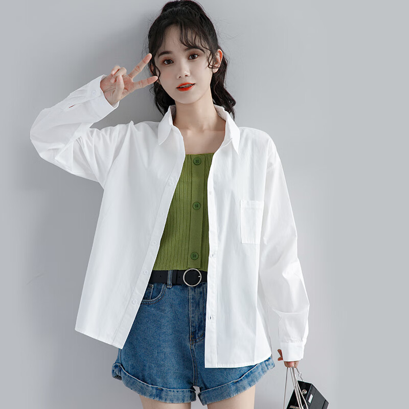 大唐喜乐牛白色衬衫女长袖叠穿宽松基础款春季简约休闲上衣打底衫内搭