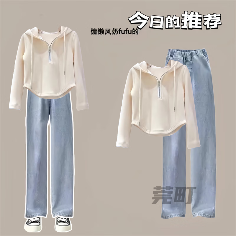 莞町大童衣服9-14歲女童春裝初中生12-15歲女孩衣服套裝春季2025新款 米白抽繩衛(wèi)衣+牛仔庫 150 cm