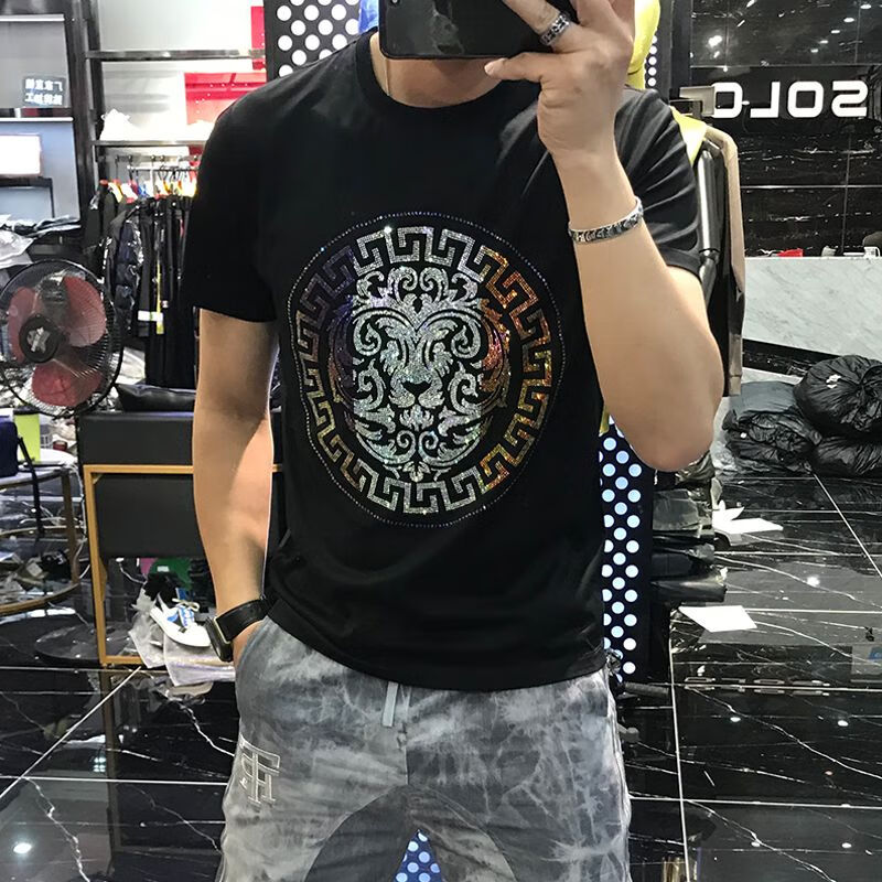 dkpq瓦萨琪夏季新款潮牌烫钻短袖t恤男个性潮流修身大码圆领男士半袖
