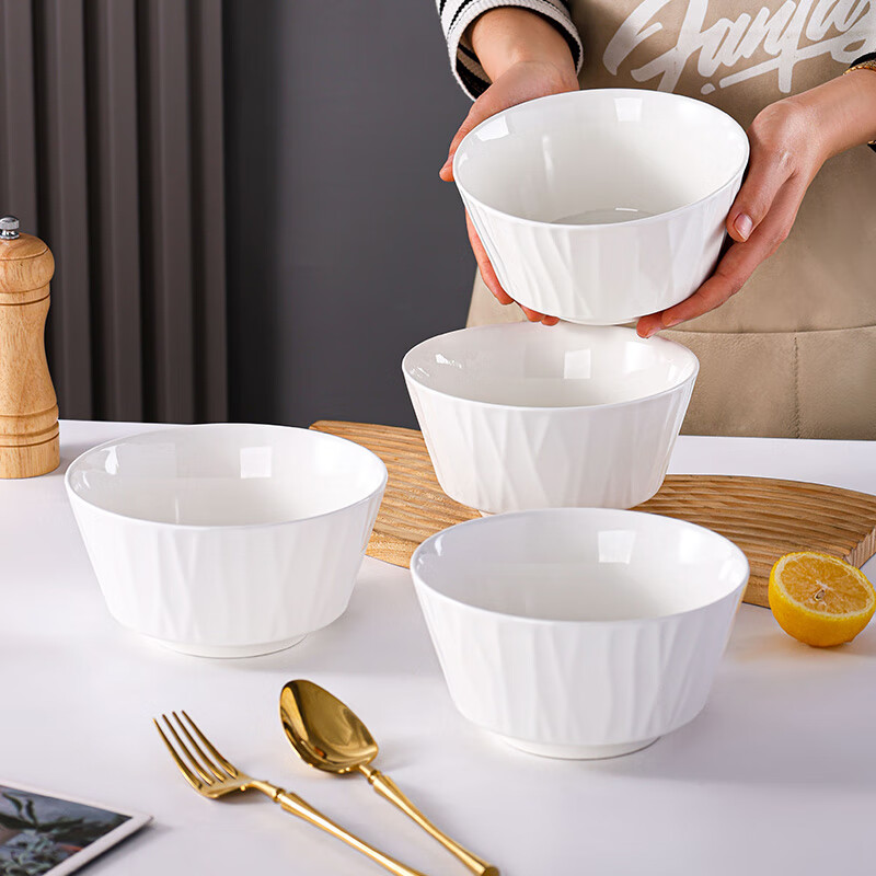 洁雅杰陶瓷面碗家用大号白瓷碗釉下彩6英寸大碗 米饭碗4只装白色琉璃