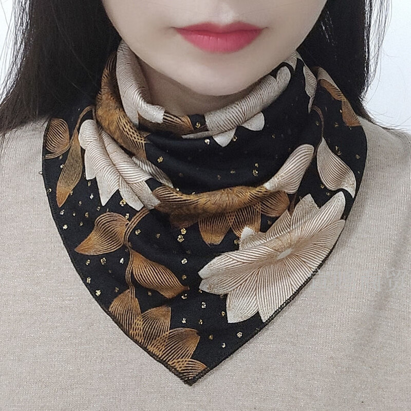 HACNSKD围脖 护颈女士秋冬季薄款三角围巾百搭保暖时尚假领子成人按摁扣 花开富贵 + 几何条纹