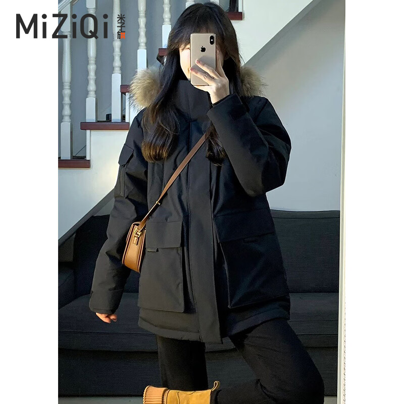 【JD旗舰店】米子旗 毛领连帽工装 棉服女 黑色 M 98-115斤