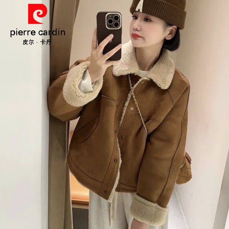 皮尔卡丹棕色加绒外套女春秋季新款穿搭高级感韩系超好看皮毛一体上衣