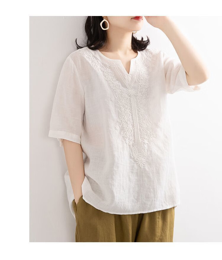 皮尔卡丹(pierre cardin)捡漏折扣店女刺绣苎麻t恤上衣宽松v领亚麻