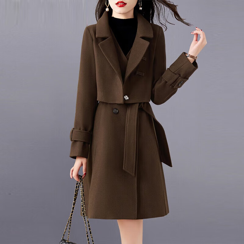 勝萊熙毛呢兩件套連衣裙女2025冬裝新款洋氣復(fù)古加厚感套裝裙子外套 咖色 M