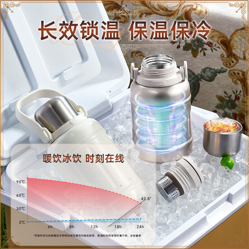 宝威玛(BVGMAV)保温杯大容量女款高颜值316L不锈钢户外随行便携双饮大肚水壶杯 雅士白1200ml【背带+一杯双饮】