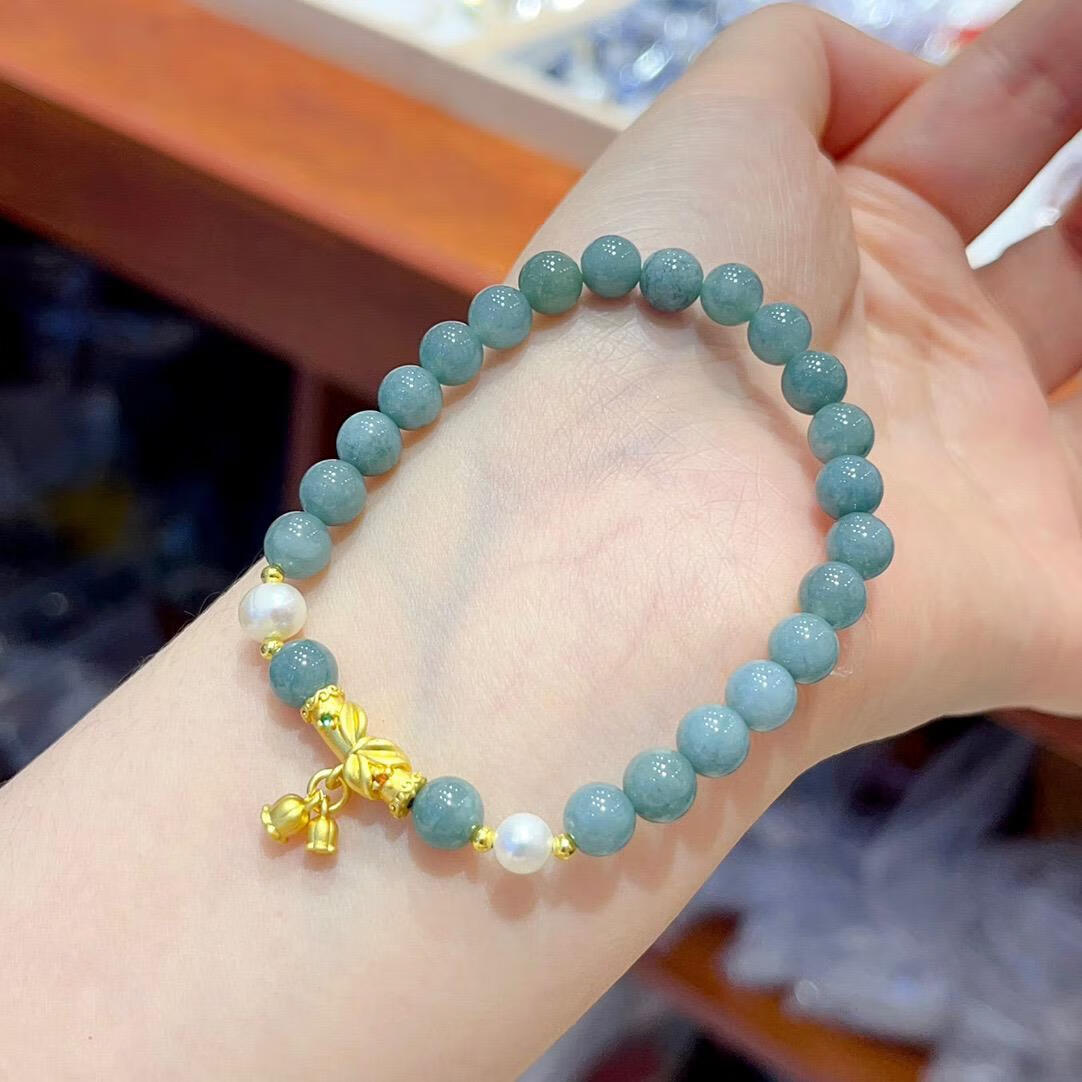 奴风蓝水翡翠手串女竹节玉石转运珠水晶手链铃兰花小众设计感气质 7mm